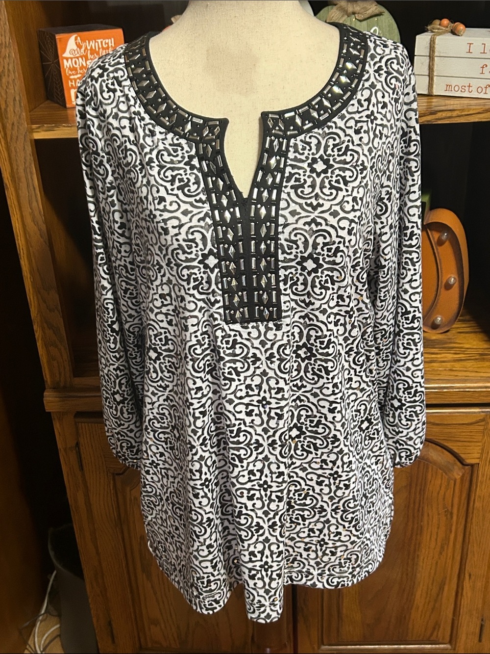 Cathy Daniels Black & White Printed Long-Sleeve Tunic with Decorative Trim